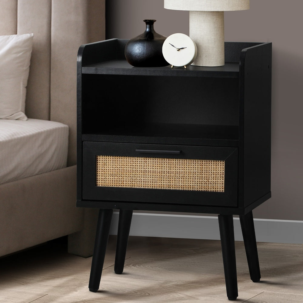 Bedside Table with Drawer and Rattan Side Shelf