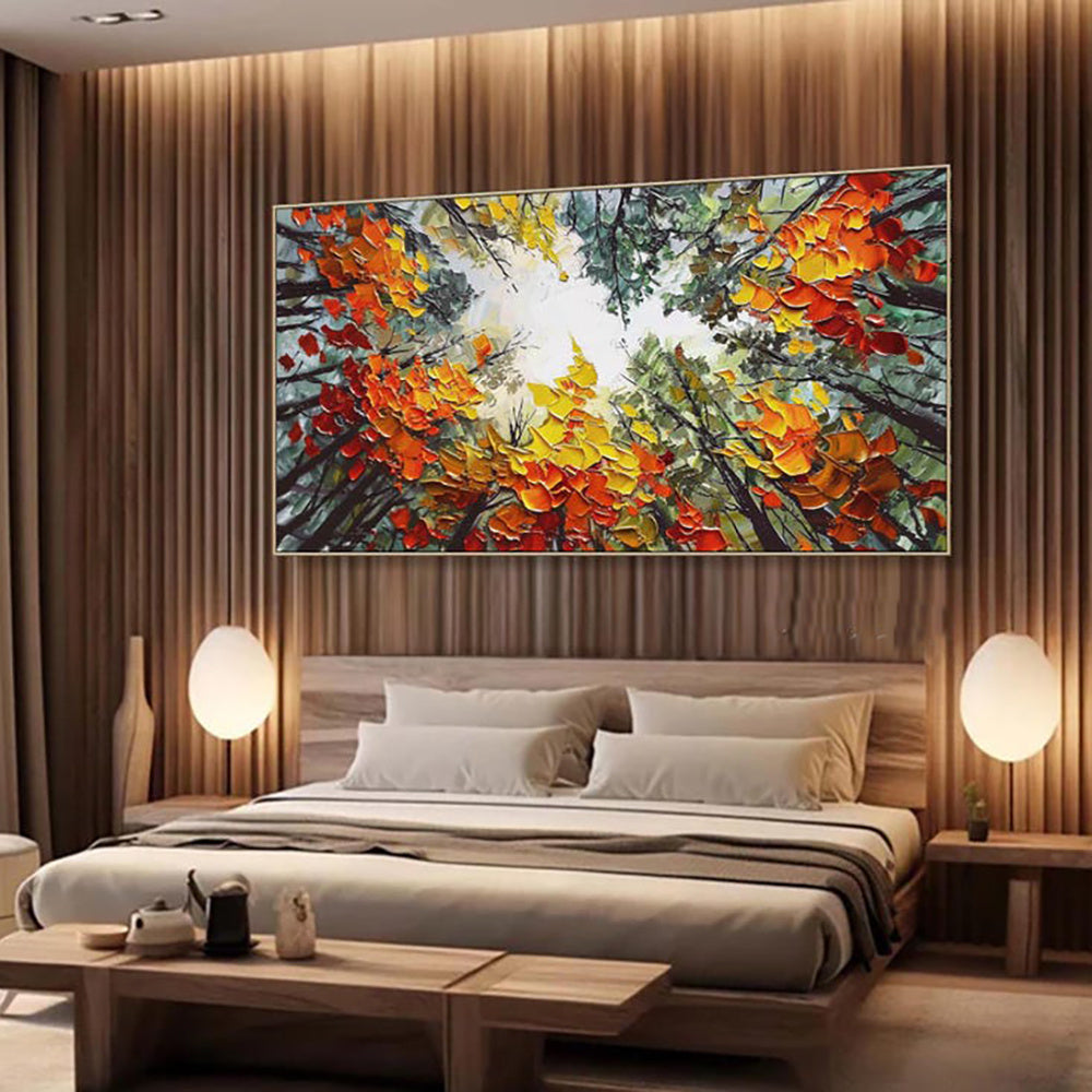 Modern Brich Treescape Landscape Canvas Artwork Handpainted Orange Forest Thick Oil Painting Natural Home Wall Decor