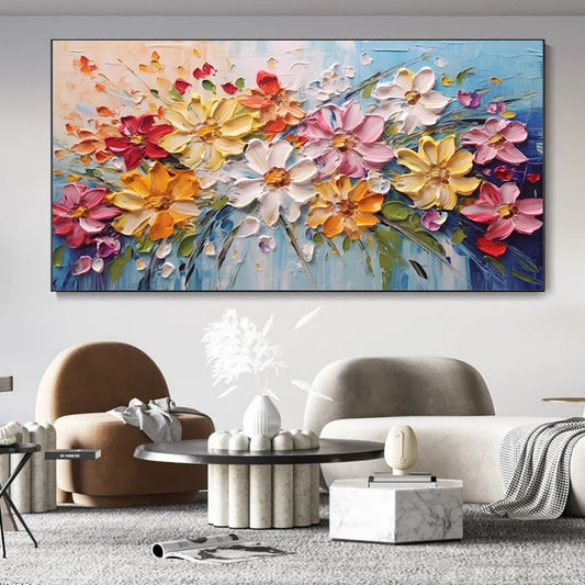 Colorful Spring Flowers Knife Thick Canvas Wall Art Original Artwork Handmade White Florals Oil Painting Beautiful Decor