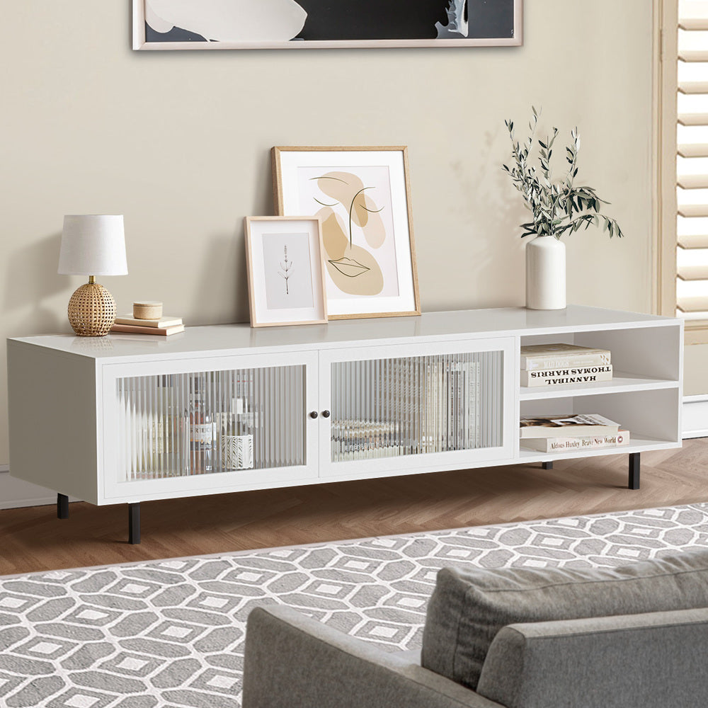 White TV Stand Cabinet Entertainment Unit with Tempered Glass Doors