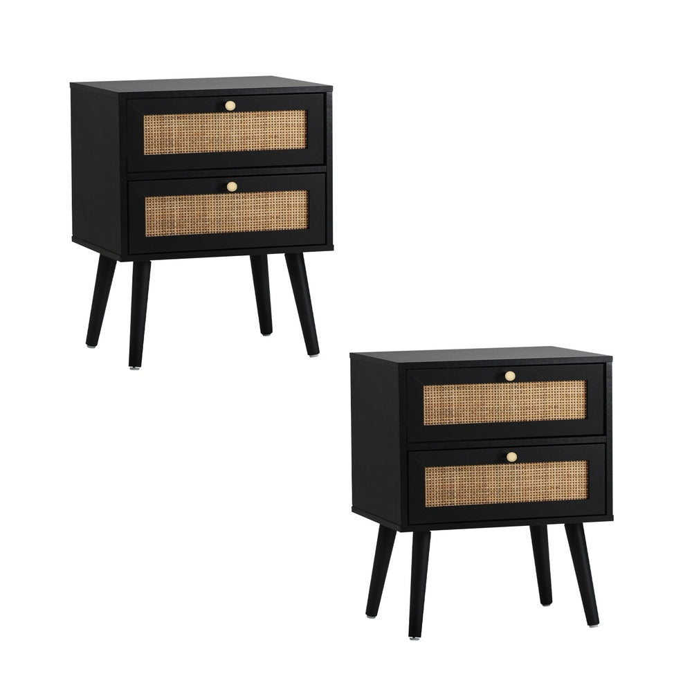 Set of 2 Rattan Bedside Tables with 2 Drawers Storage Cabinet
