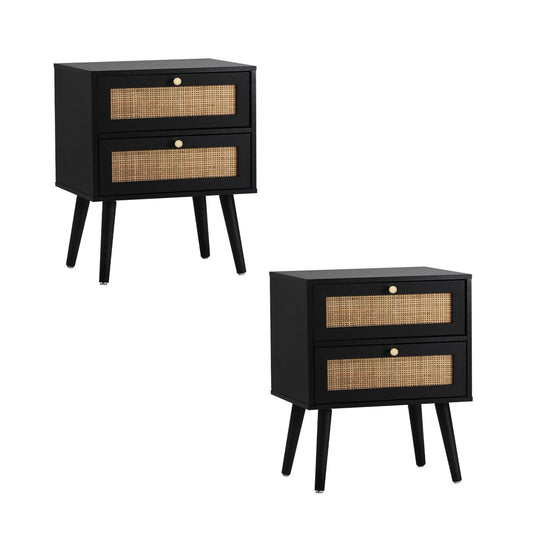 Set of 2 Rattan Bedside Tables with 2 Drawers Storage Cabinet