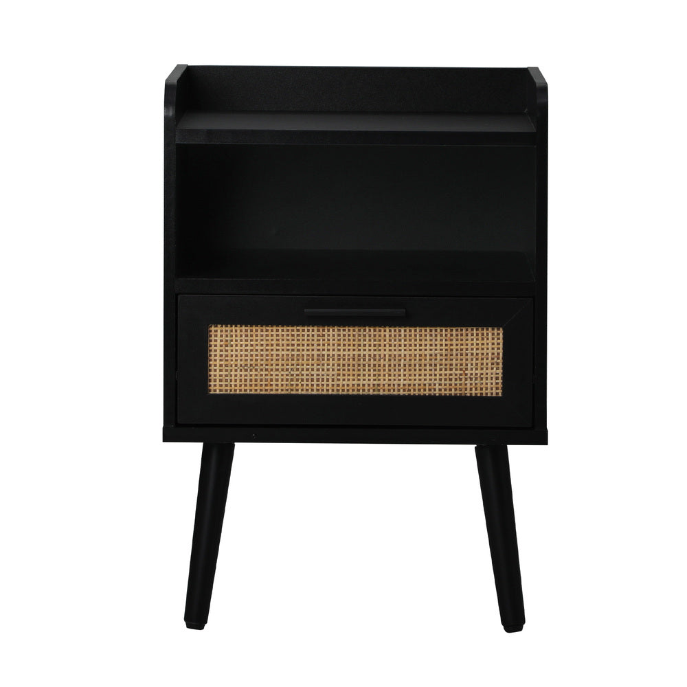Bedside Table with Drawer and Rattan Side Shelf