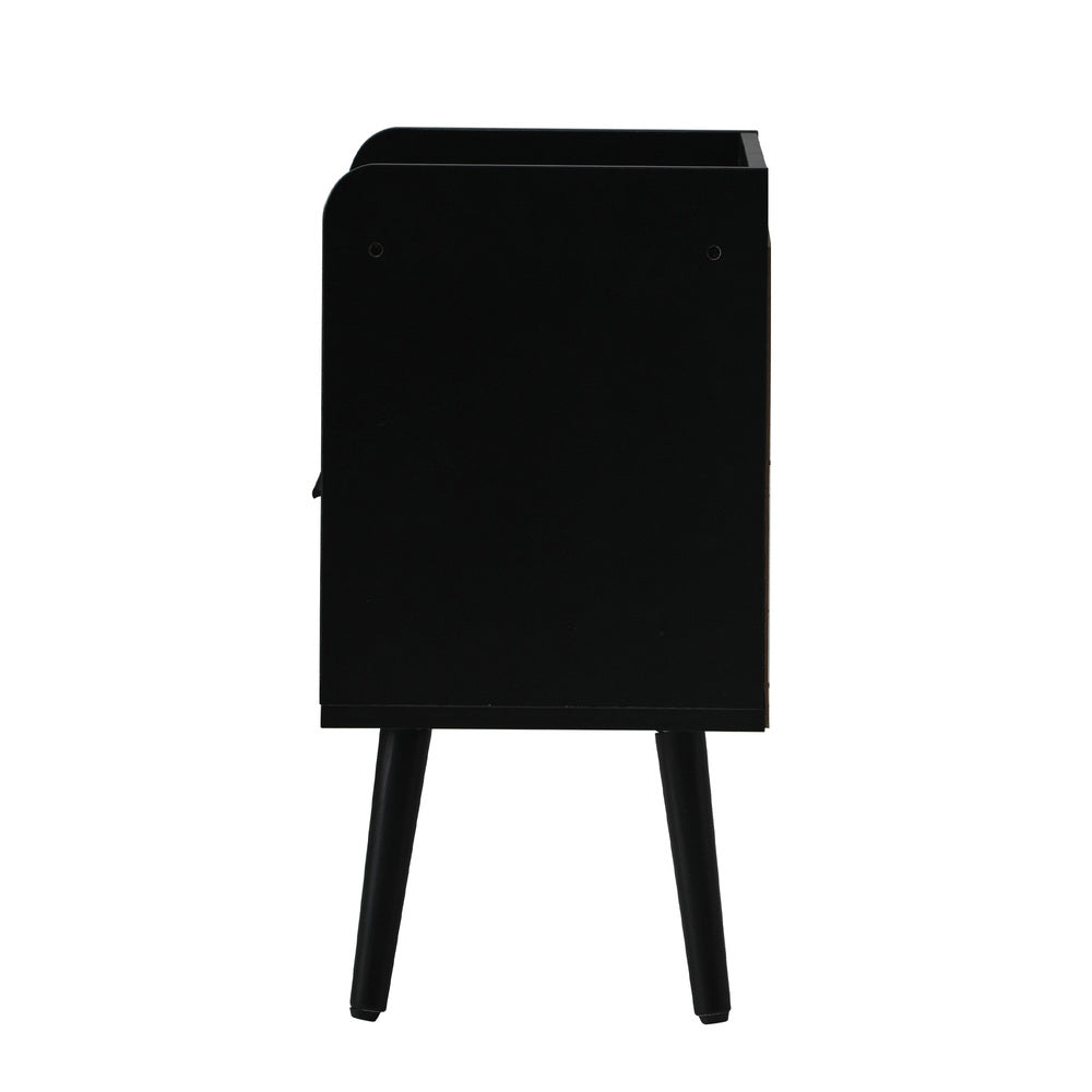 Bedside Table with Drawer and Rattan Side Shelf