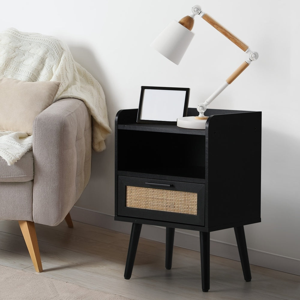 Bedside Table with Drawer and Rattan Side Shelf