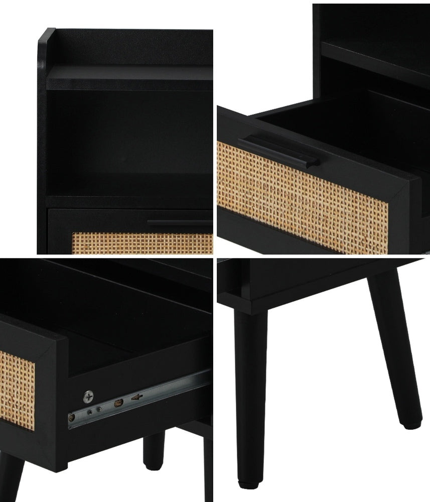 Bedside Table with Drawer and Rattan Side Shelf