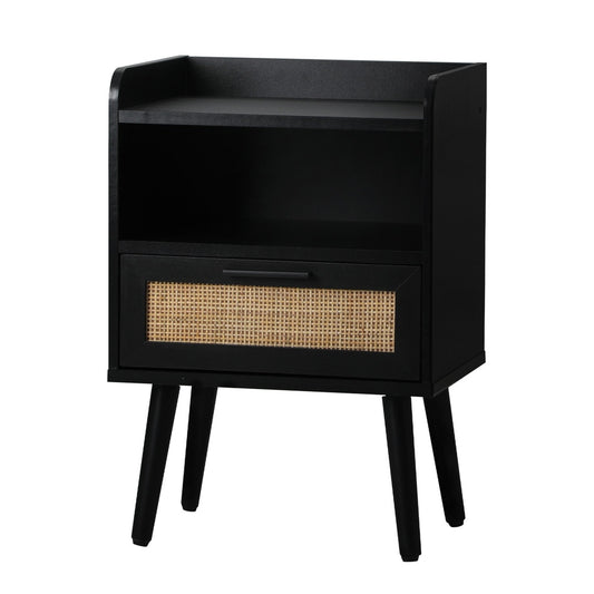 Bedside Table with Drawer and Rattan Side Shelf