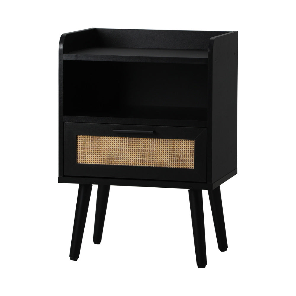 Bedside Table with Drawer and Rattan Side Shelf