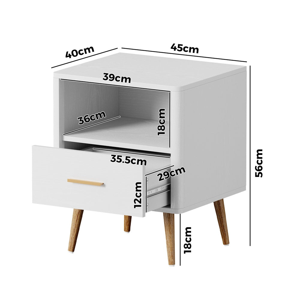 White Bedside Table with 1 Drawer and Open Shelf Nightstand