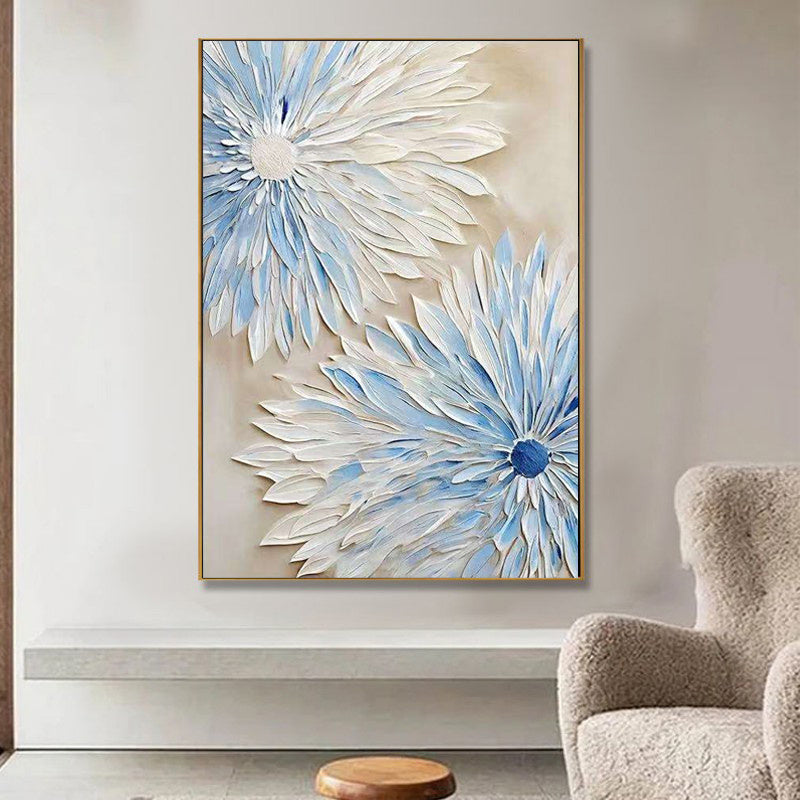 Abstract Blue White Flower Oil Painting On Canvas Modern Textured Wall Art Hand Painted Blooming Flower Bedroom Home Decor