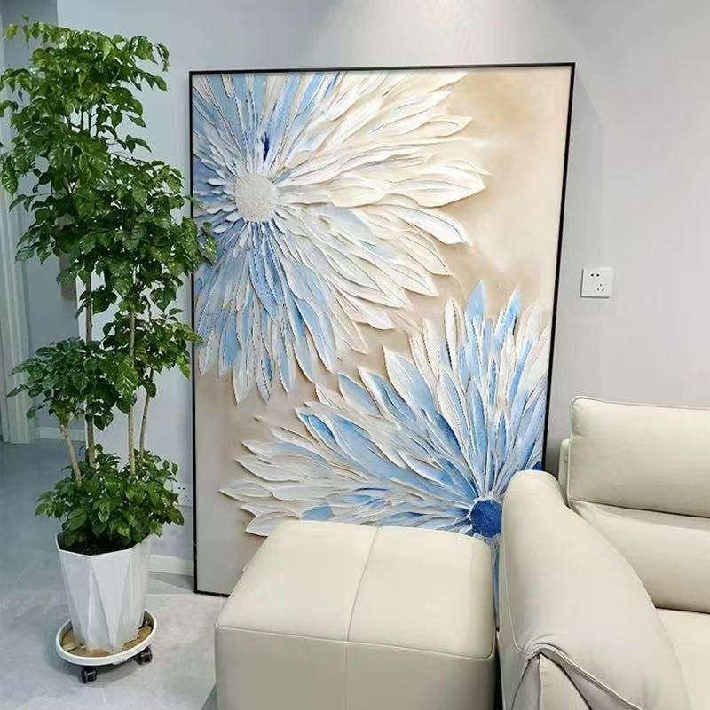Abstract Blue White Flower Oil Painting On Canvas Modern Textured Wall Art Hand Painted Blooming Flower Bedroom Home Decor