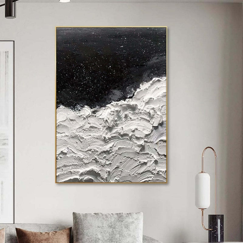 Handmade Thick Abstract Oil Painting Canvas Wall Art Decoration Modern New Design Origianl Art Oceans Of Stars Black And White Seawave Wall Art Decor For Home Decor Rolled Frameless Painting