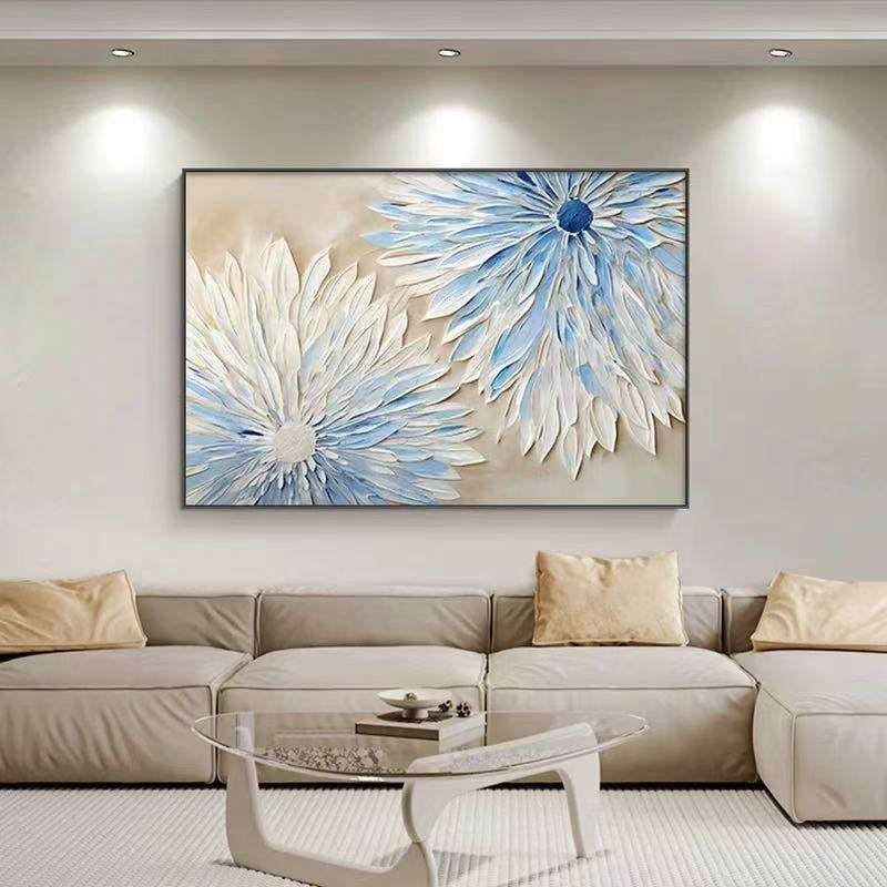 Abstract Blue White Flower Oil Painting On Canvas Modern Textured Wall Art Hand Painted Blooming Flower Bedroom Home Decor