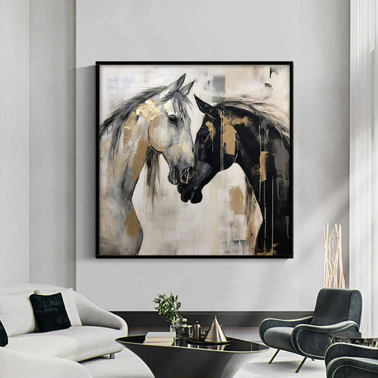 Hand-Painted Abstract Animal Horses Painting Texture Canvas Wall Art Modern Black And White Horses Painting Contemporary Office Decor