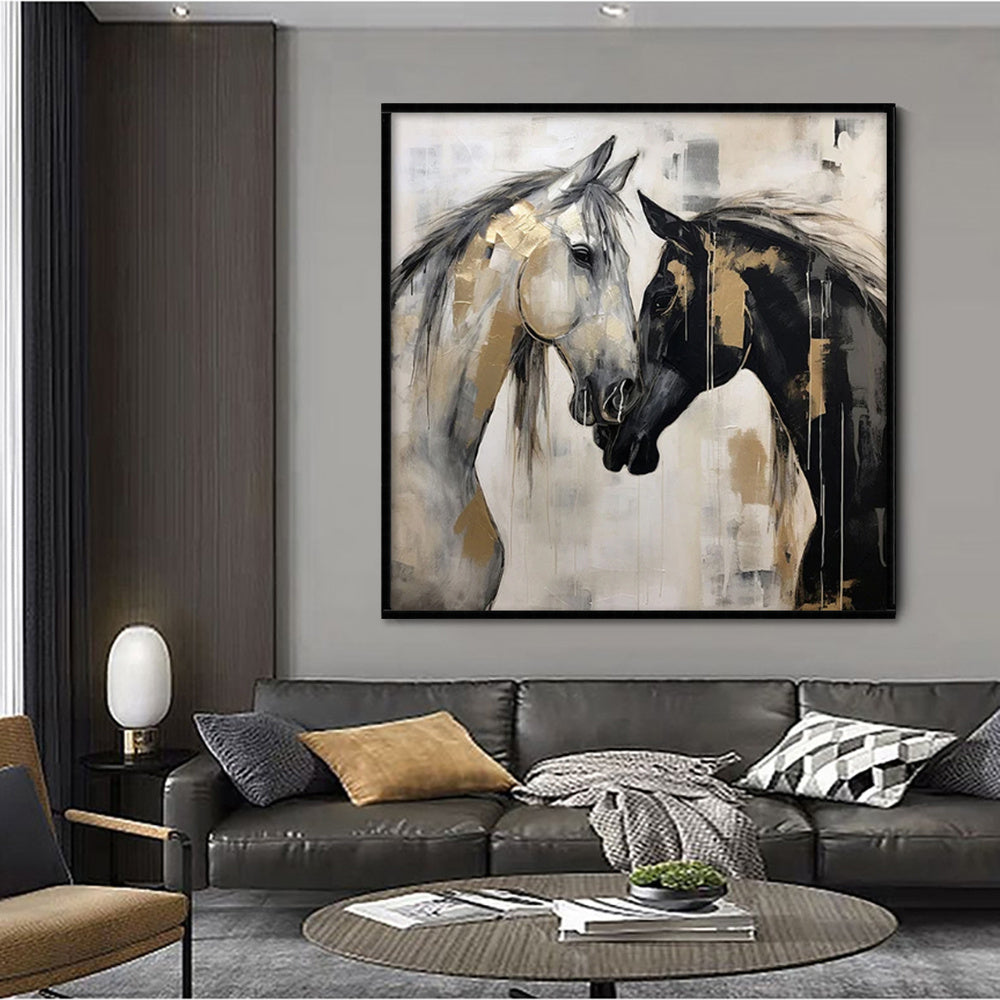 Hand-Painted Abstract Animal Horses Painting Texture Canvas Wall Art Modern Black And White Horses Painting Contemporary Office Decor