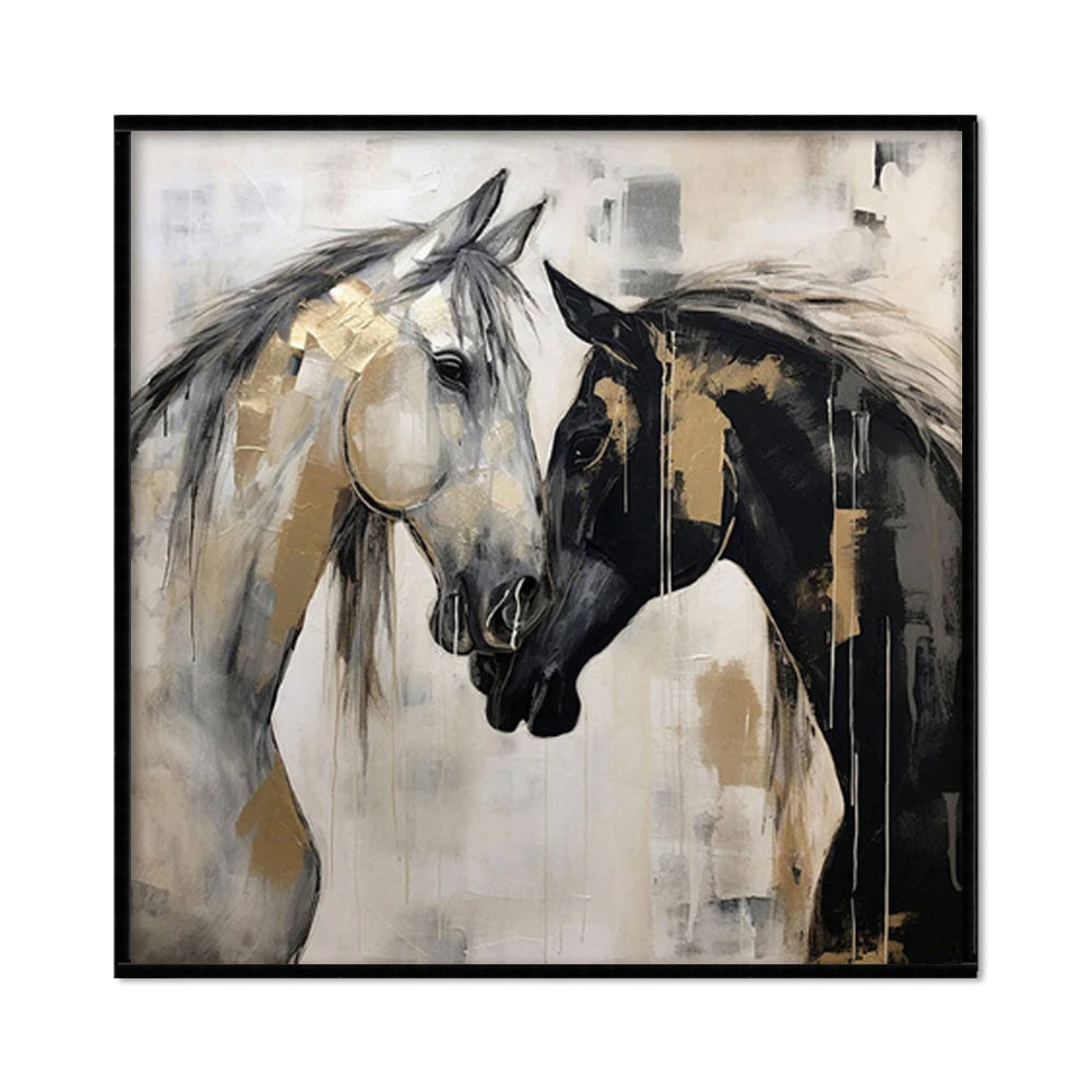 Hand-Painted Abstract Animal Horses Painting Texture Canvas Wall Art Modern Black And White Horses Painting Contemporary Office Decor