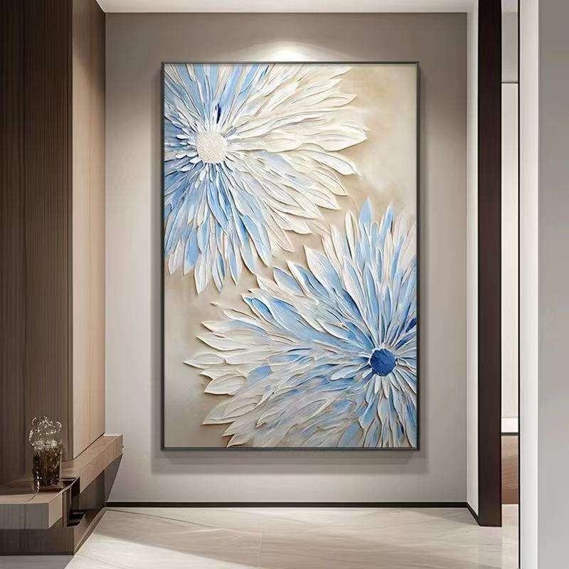 Abstract Blue White Flower Oil Painting On Canvas Modern Textured Wall Art Hand Painted Blooming Flower Bedroom Home Decor